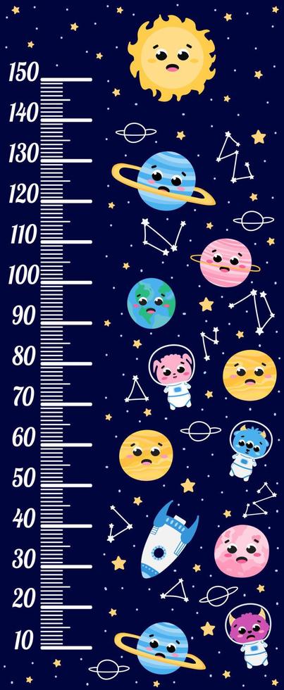 Space height meter for kids with planets and spaceships, astronauts with stars in childish style, printable growth chart vector