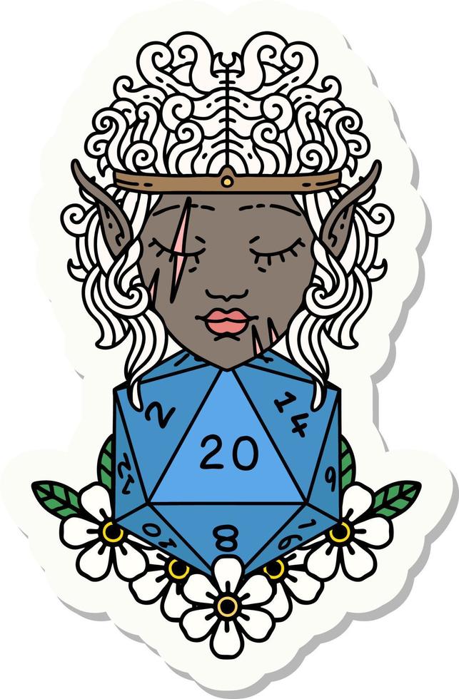 sticker of a elf barbarian character with natural twenty dice roll vector