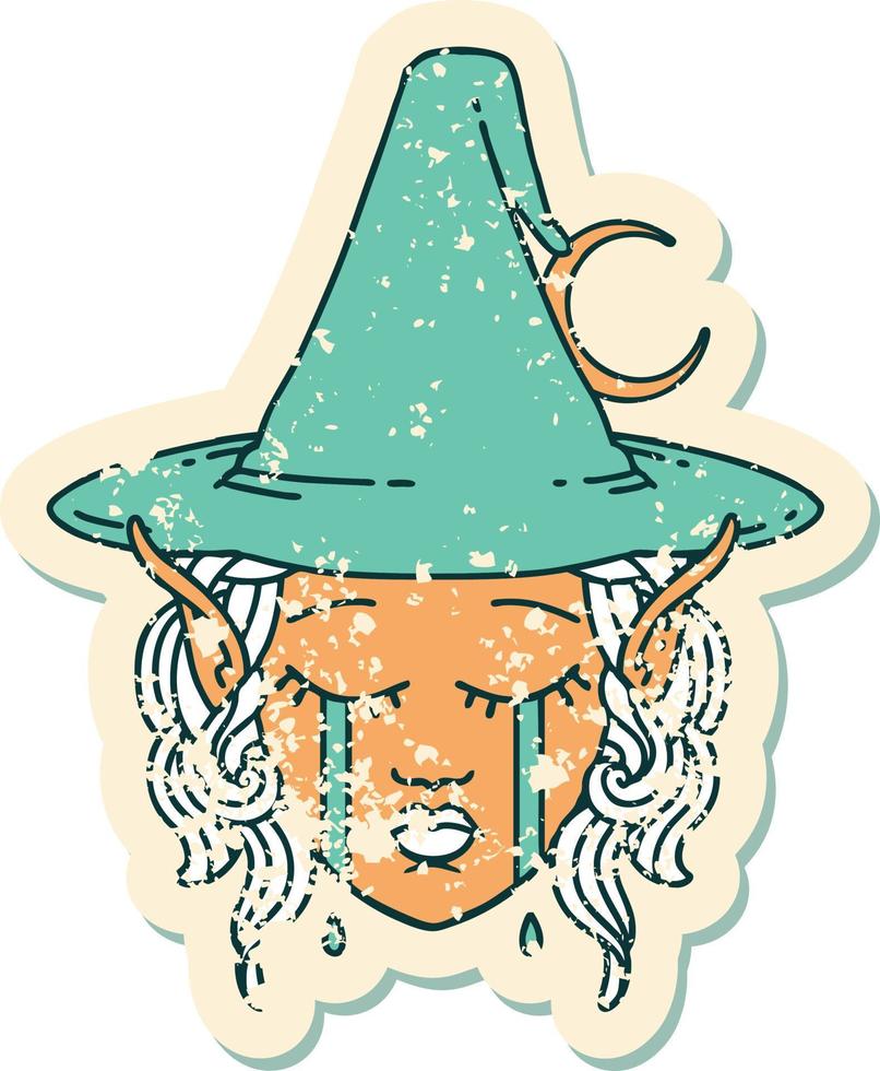 Retro Tattoo Style crying elf mage character face vector