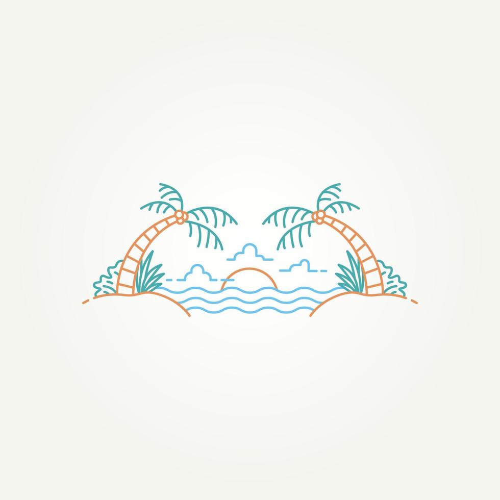 minimalist summer tropical island line art icon logo template vector illustration design. simple modern tropical beach vacation with palm tree and sunset symbol logo concept