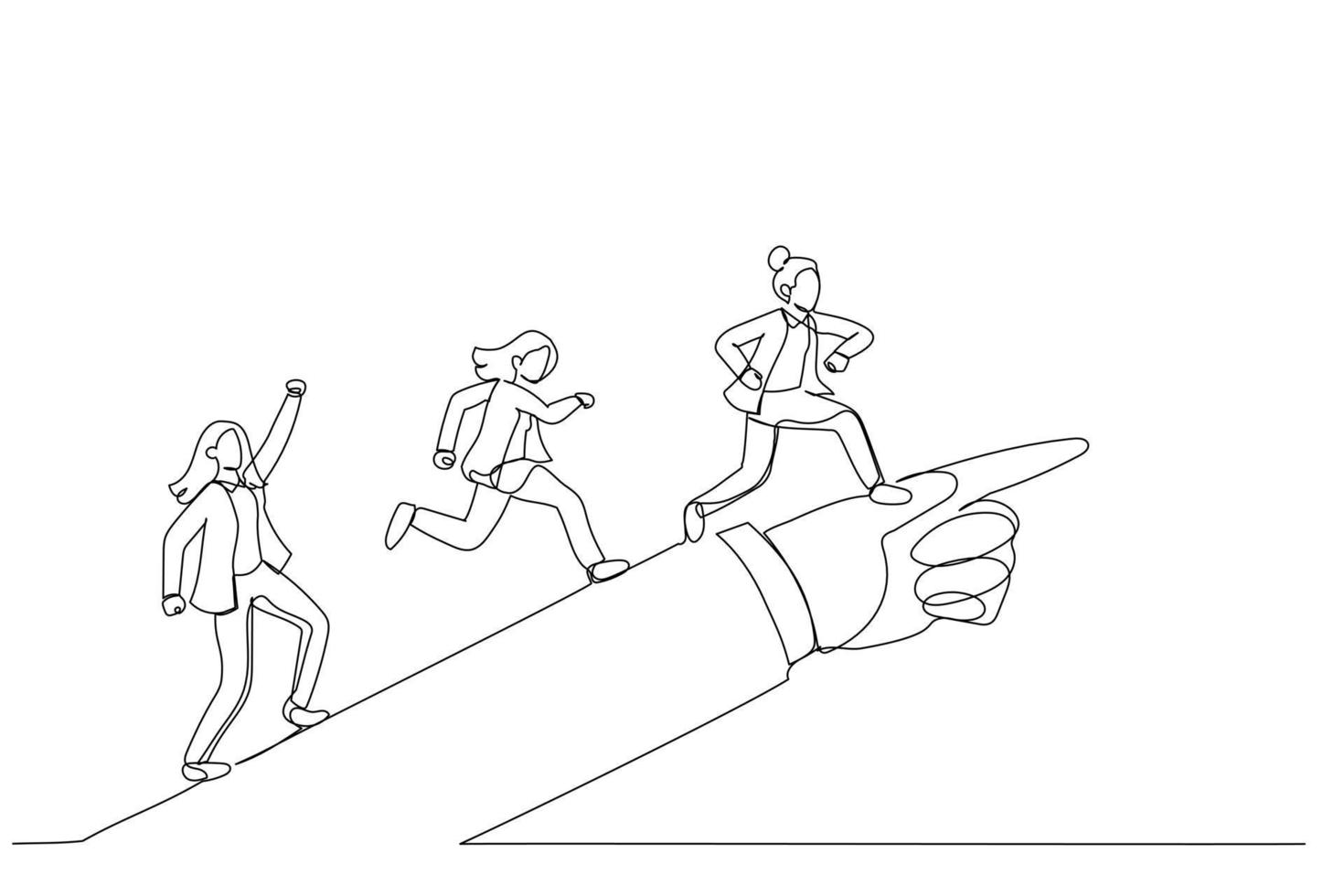 Drawing of businesswoman running forward looking for success in the way showed by giant hand of leader. Metaphor for directional leadership. Single continuous line art style vector
