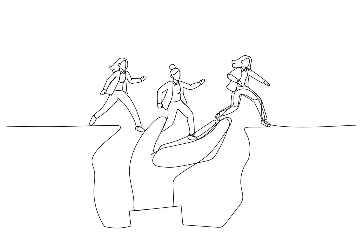 Illustration of giant hand help business people cross the problem gap. metpahor for supportive manager mentor or coach. One line style art vector