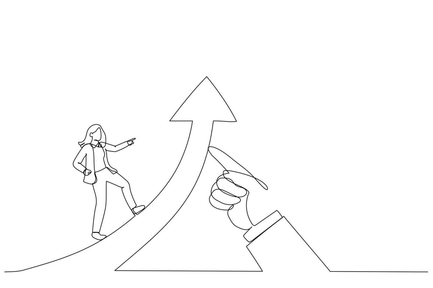 Illustration of businesswoman running on arrow of success raised by giant hand of leader. Metaphor for business success moving forward leadership. Single line art style vector