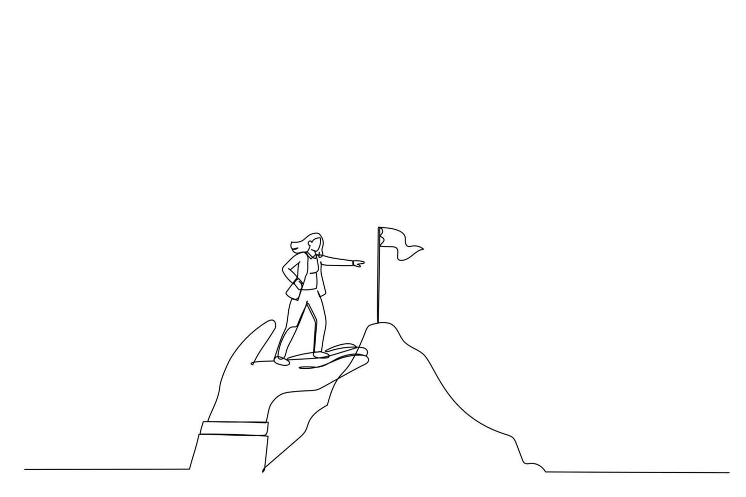 Drawing of businesswoman stand on giant helping hand to reach mountain peak target flag. Single continuous line art style vector