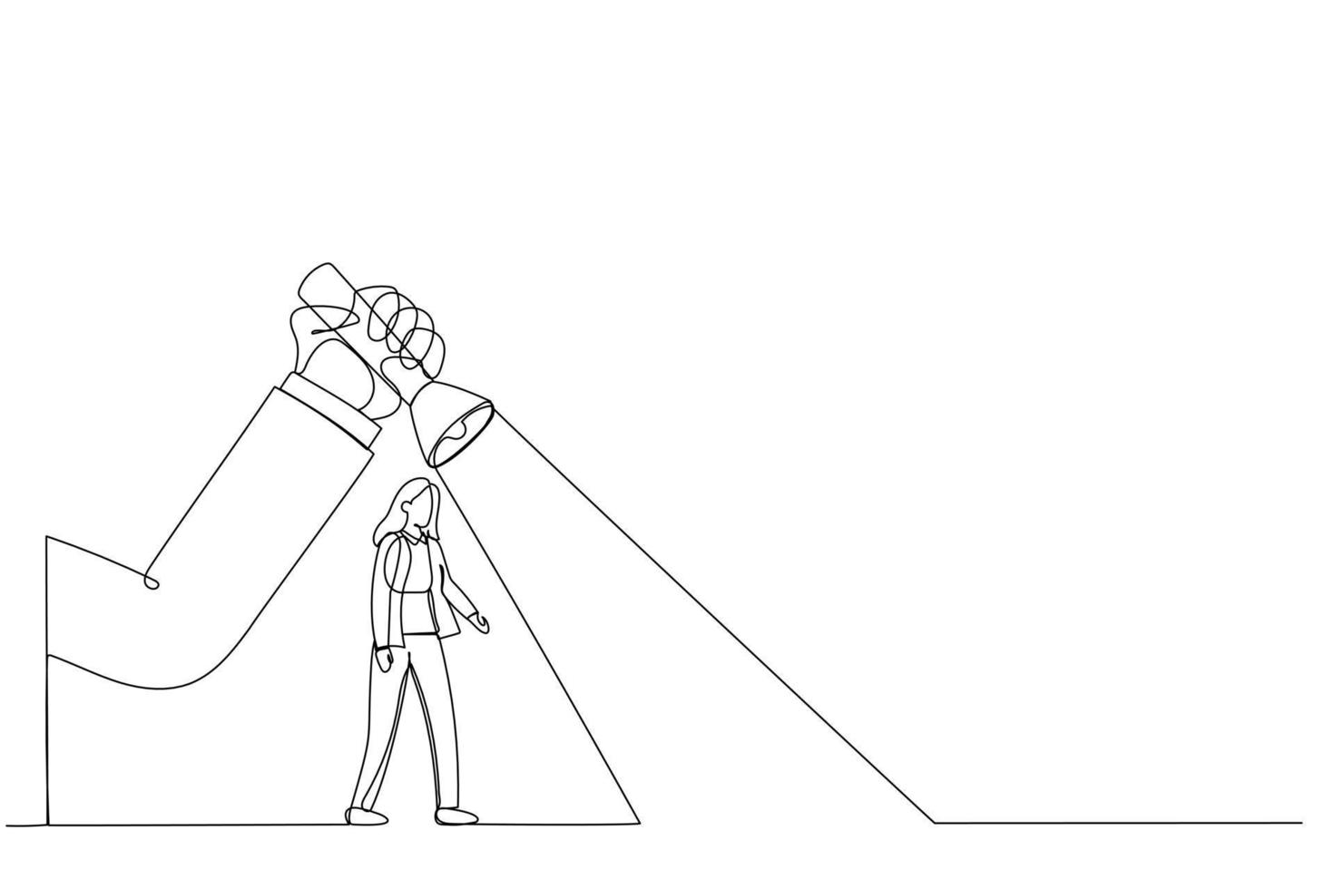 Drawing of big hand holding a flashlight uncovering hidden arrow sign for businesswoman. Single continuous line art vector