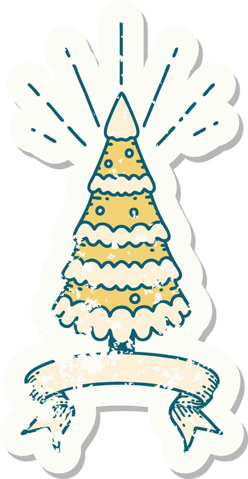 worn old sticker of a tattoo style snow covered pine tree vector