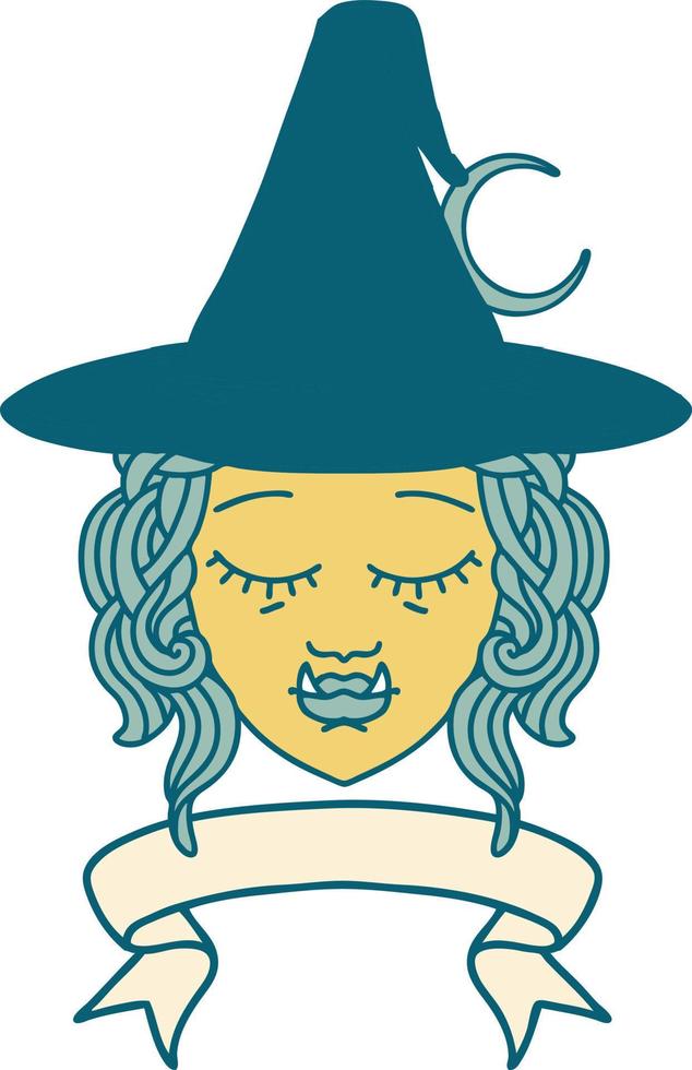 Retro Tattoo Style half orc witch character face with banner vector