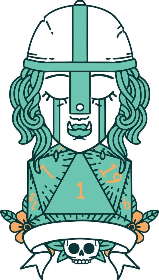 Retro Tattoo Style crying orc fighter character with natural one D20 roll vector