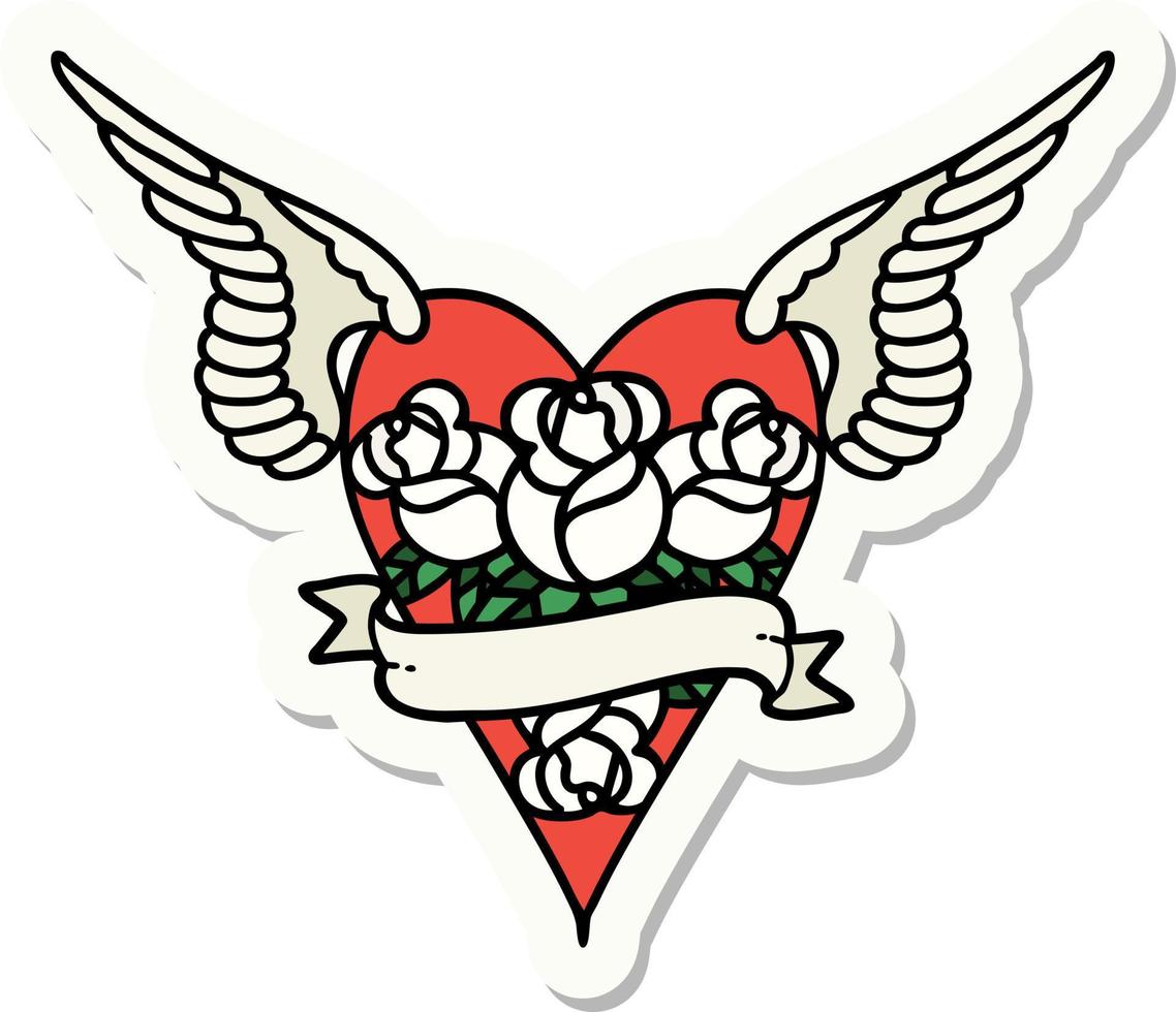 sticker of tattoo in traditional style of a flying heart with flowers and banner vector