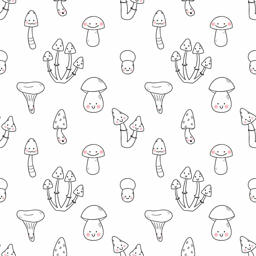 Seamless pattern cute mushrooms. Background for sewing baby clothes or printing on fabric. Wallpaper nursery. Wrapping paper with funny characters. vector