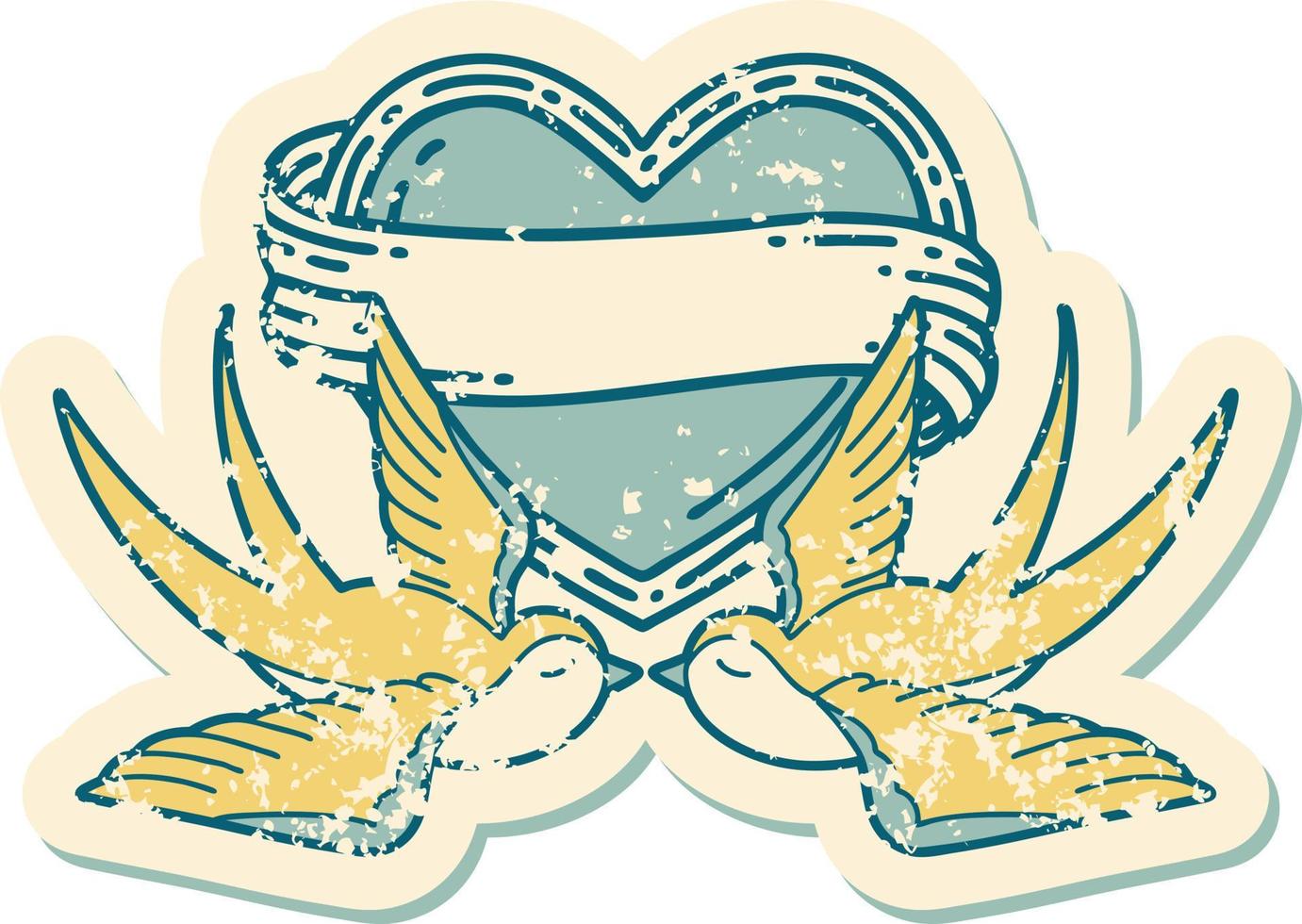 iconic distressed sticker tattoo style image of swallows and a heart with banner vector