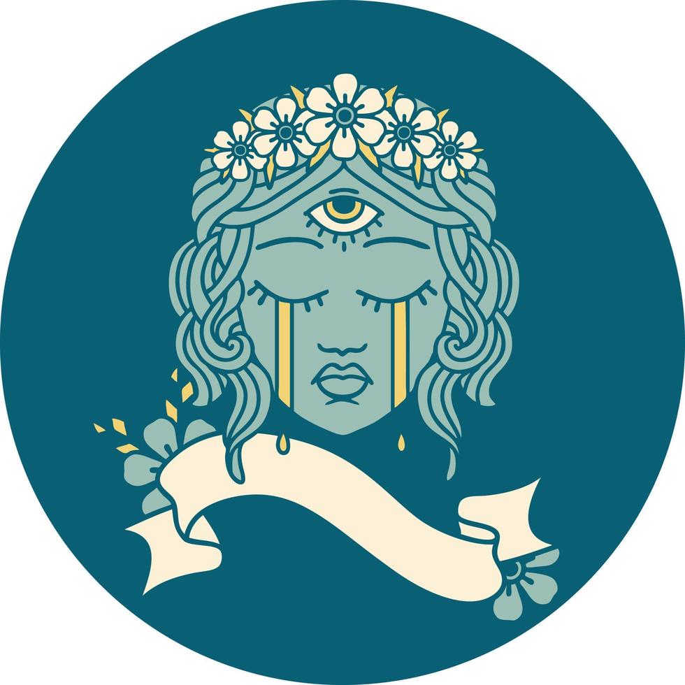 tattoo style icon with banner of female face with mystic third eye crying vector