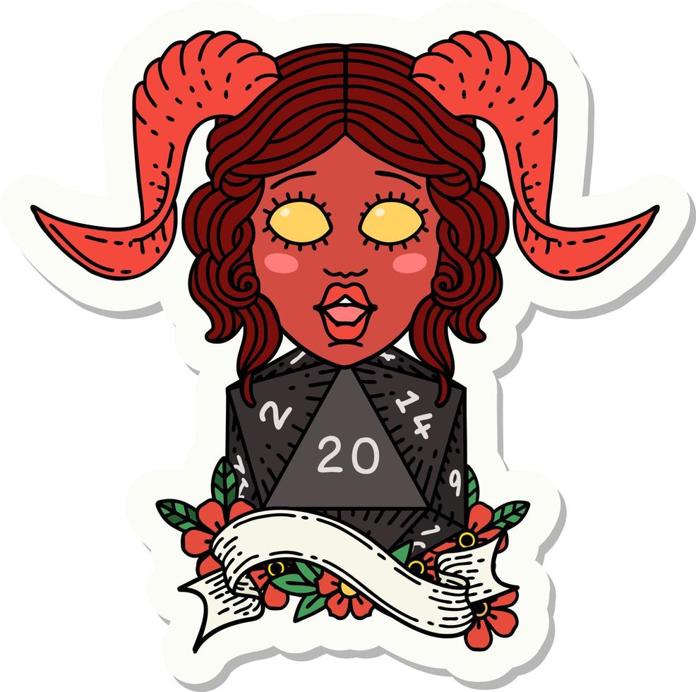 sticker of a tiefling with natural twenty dice roll vector