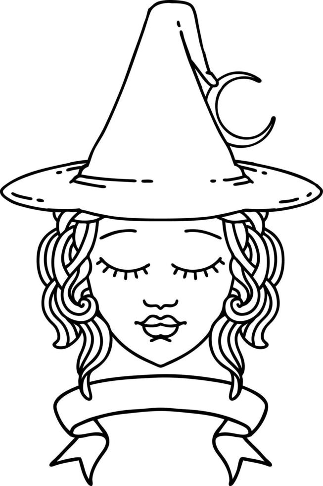 Black and White Tattoo linework Style human witch character with banner vector