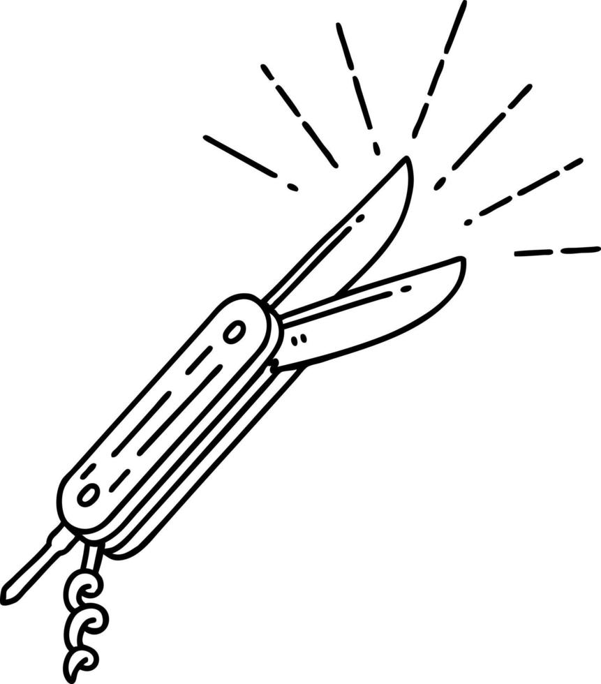 illustration of a traditional black line work tattoo style folding knife vector