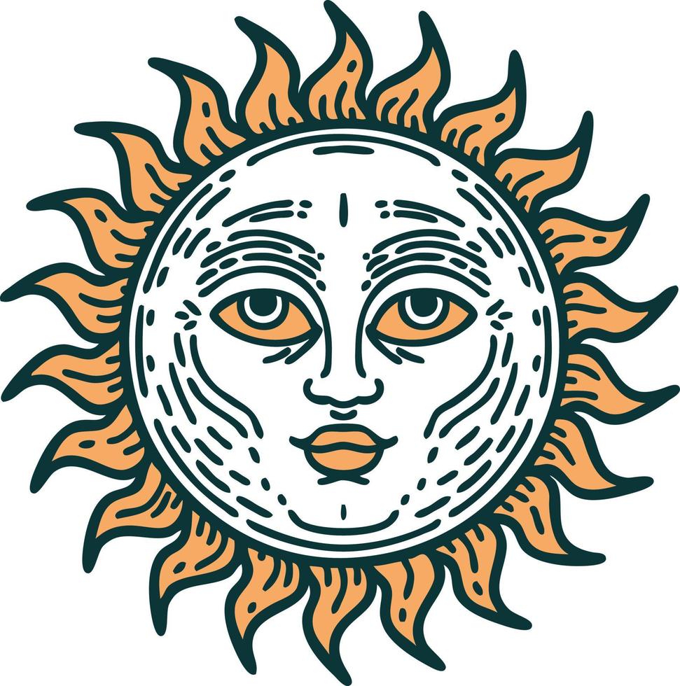 iconic tattoo style image of a sun with face vector