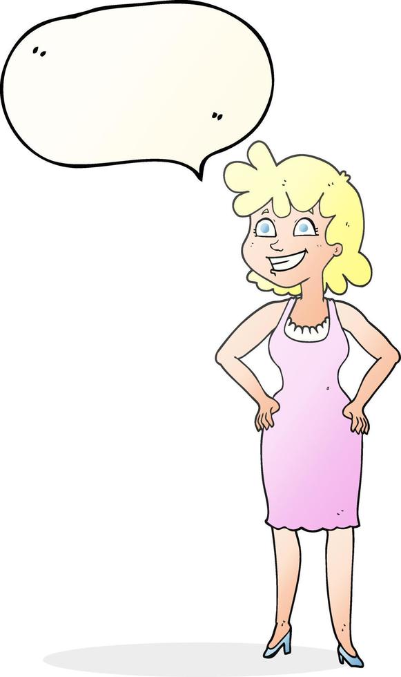 freehand drawn speech bubble cartoon happy woman wearing dress vector