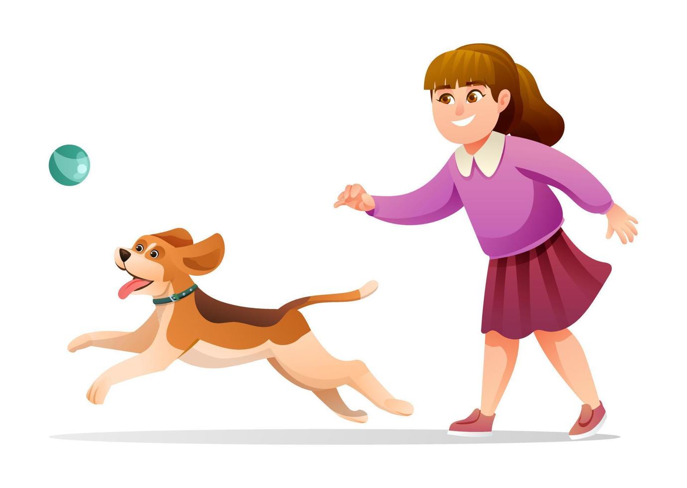 Cheerful girl playing with her beloved dog cartoon illustration vector