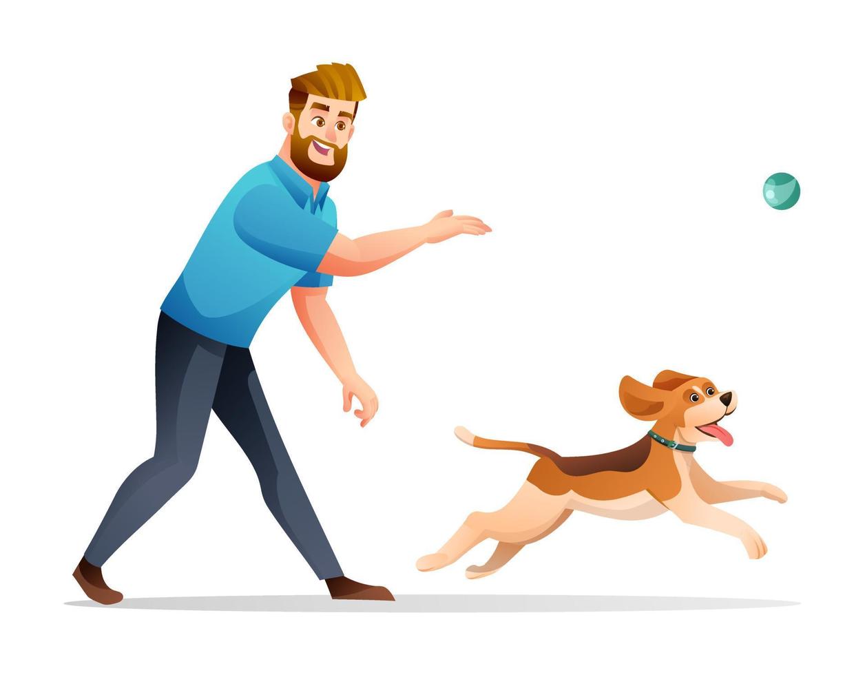 Cheerful man playing with his dog cartoon illustration vector