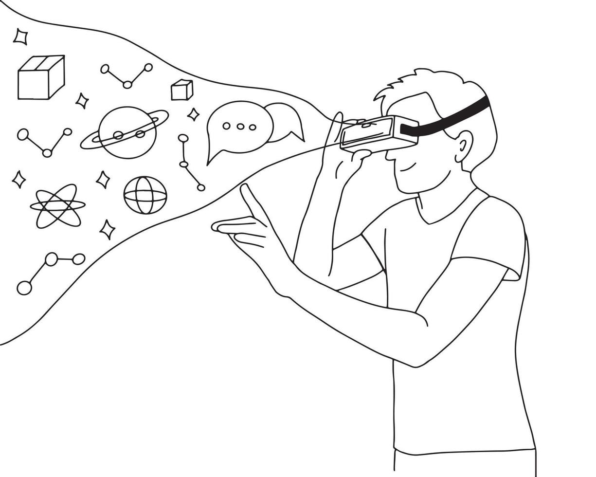 Vector illustration of a person holding virtual reality glasses. VR technology black and white drawing of man in digital augmented reality. Metaverse minimalist simple concept