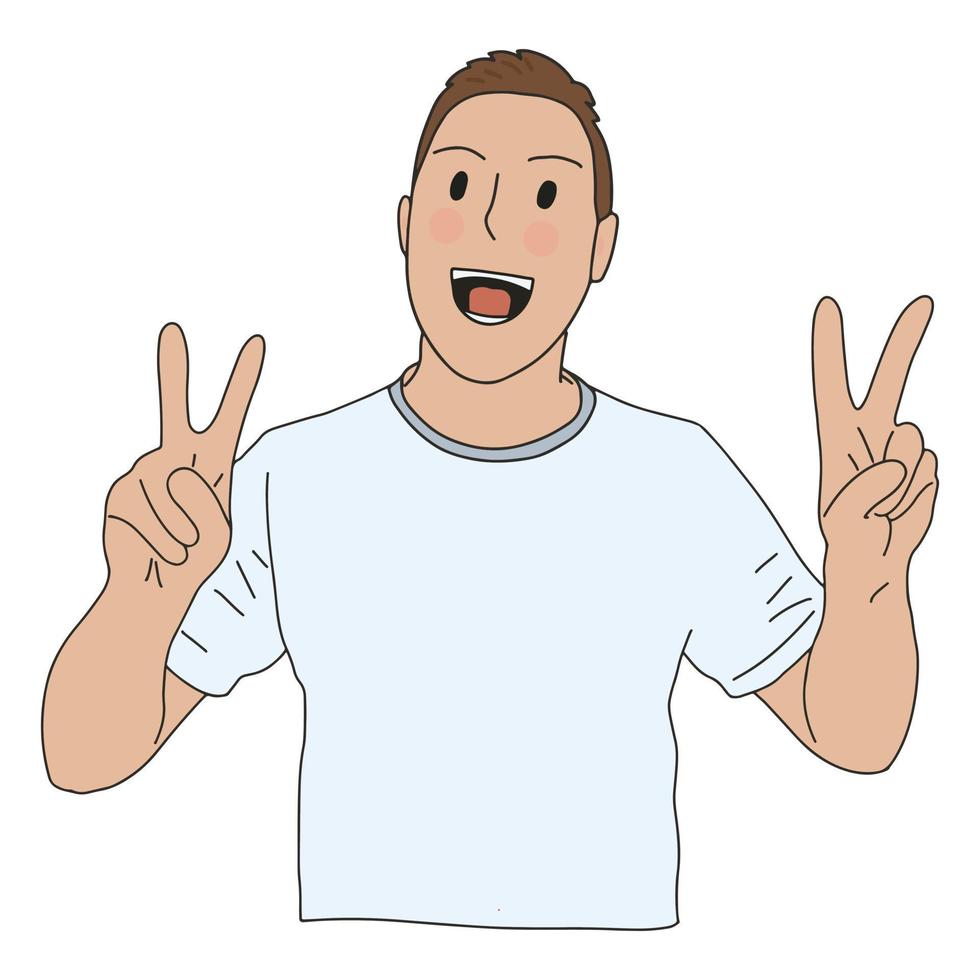 hermoso personaje masculino joven feliz con una amplia sonrisa, mostrando paz o victoria v signo de gesto con ambas manos. ilustración vectorial dibujada a mano en estilo kawaii simple. vector