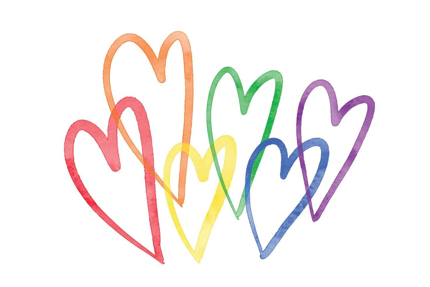 linda acuarela texturizada seis corazones en el color del arco iris de la comunidad lgbt. clip art, logo, símbolo del orgullo lgbt. ilustración vectorial aislado sobre fondo blanco vector