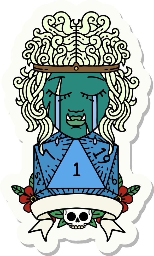 sticker of a crying orc barbarian character with natural one D20 roll vector