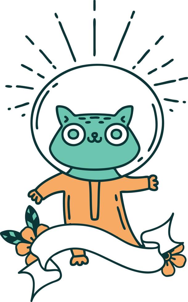 banner de desplazamiento con gato estilo tatuaje en traje de astronauta vector