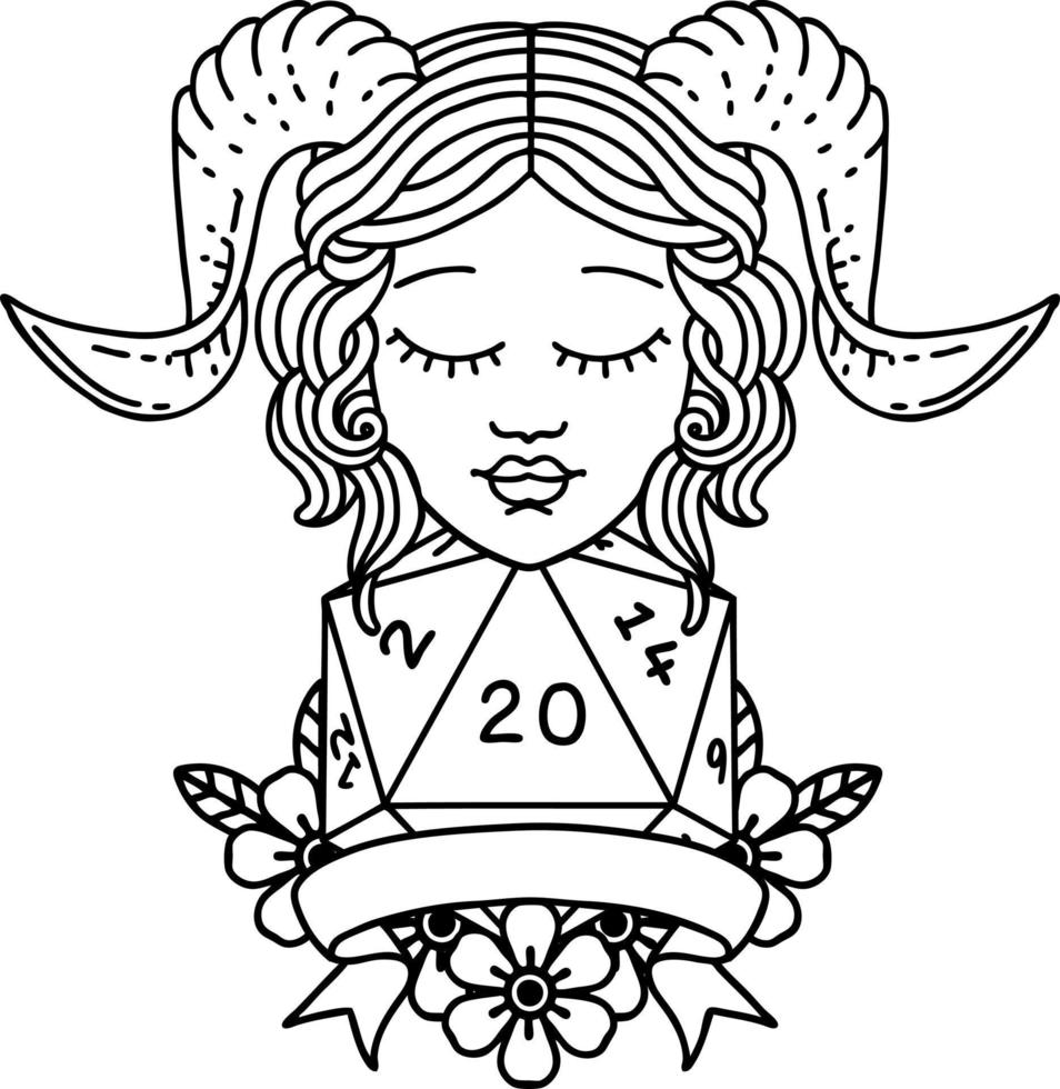 Black and White Tattoo linework Style tiefling with natural 20 D20 roll vector