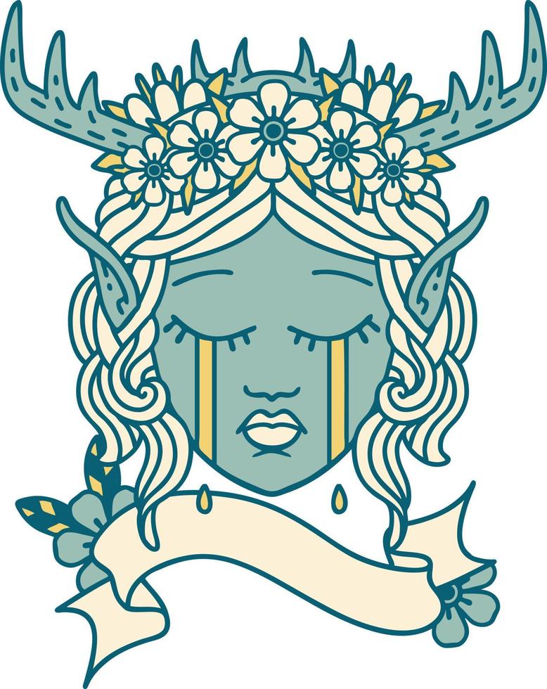 Retro Tattoo Style sad elf druid character face vector