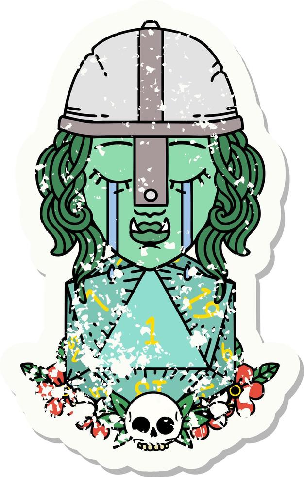 grunge sticker of a crying orc fighter character with natural one D20 roll vector