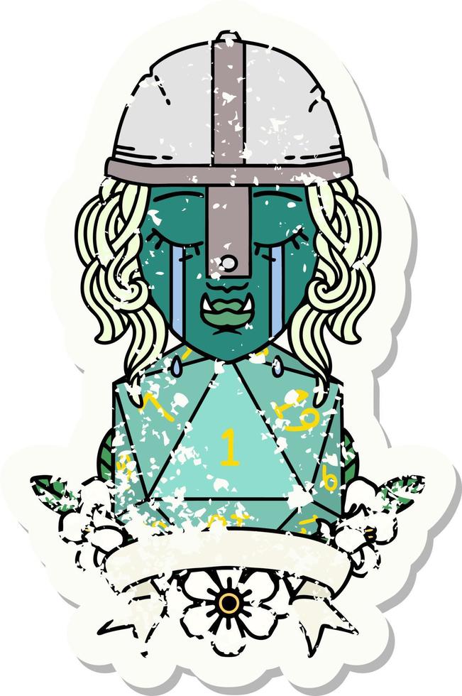 estilo de tatuaje retro personaje luchador orco llorando con un rollo natural d20 vector