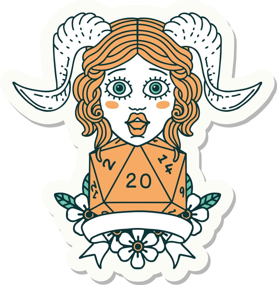 sticker of a tiefling with natural twenty dice roll vector