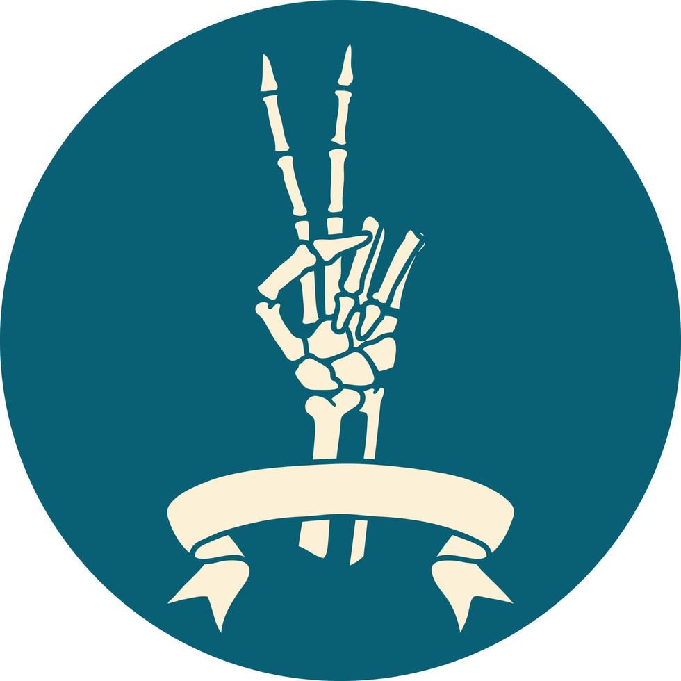 tattoo style icon with banner of a skeleton giving a peace sign vector