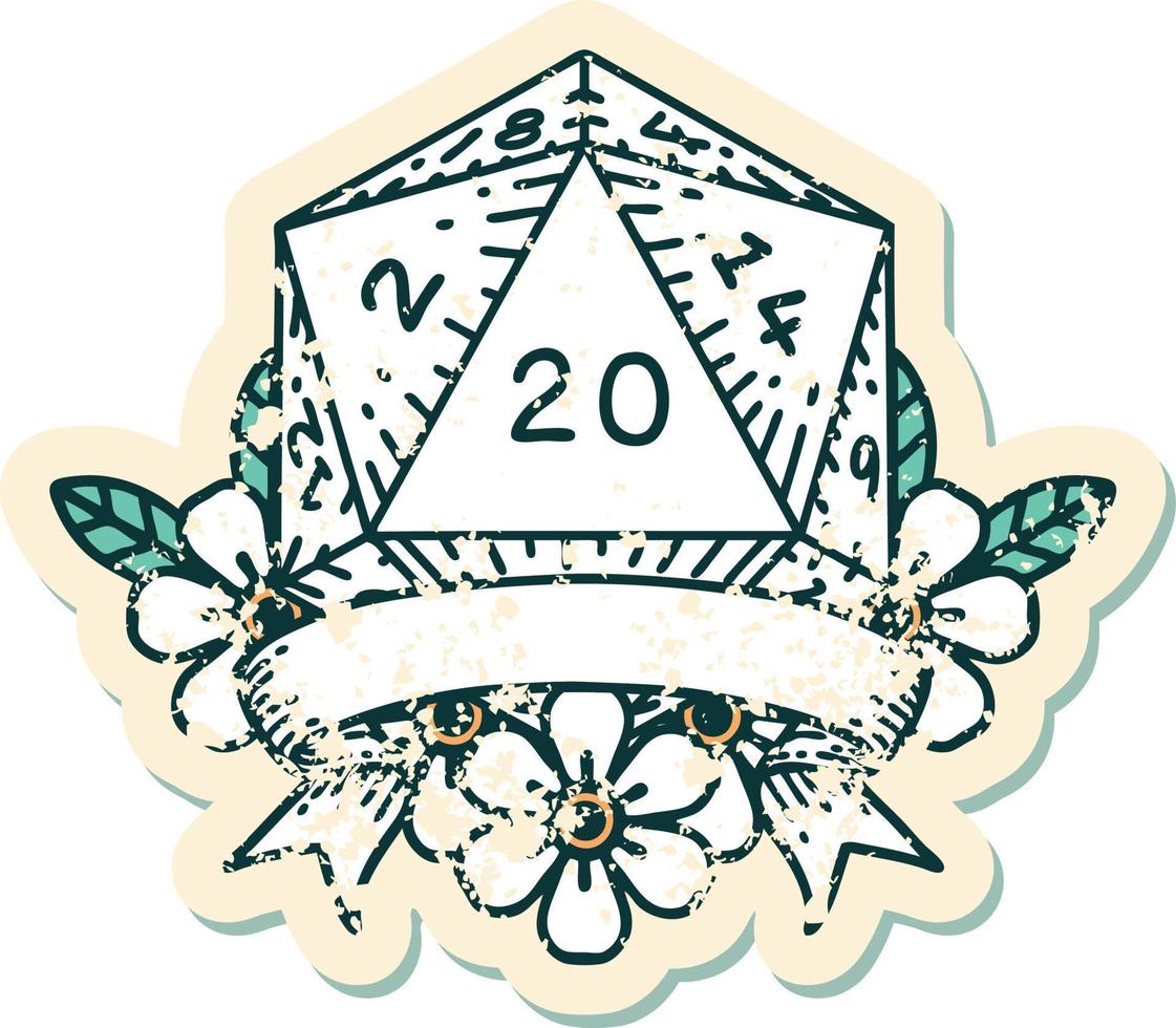 Retro Tattoo Style natural 20 critical hit D20 dice roll vector