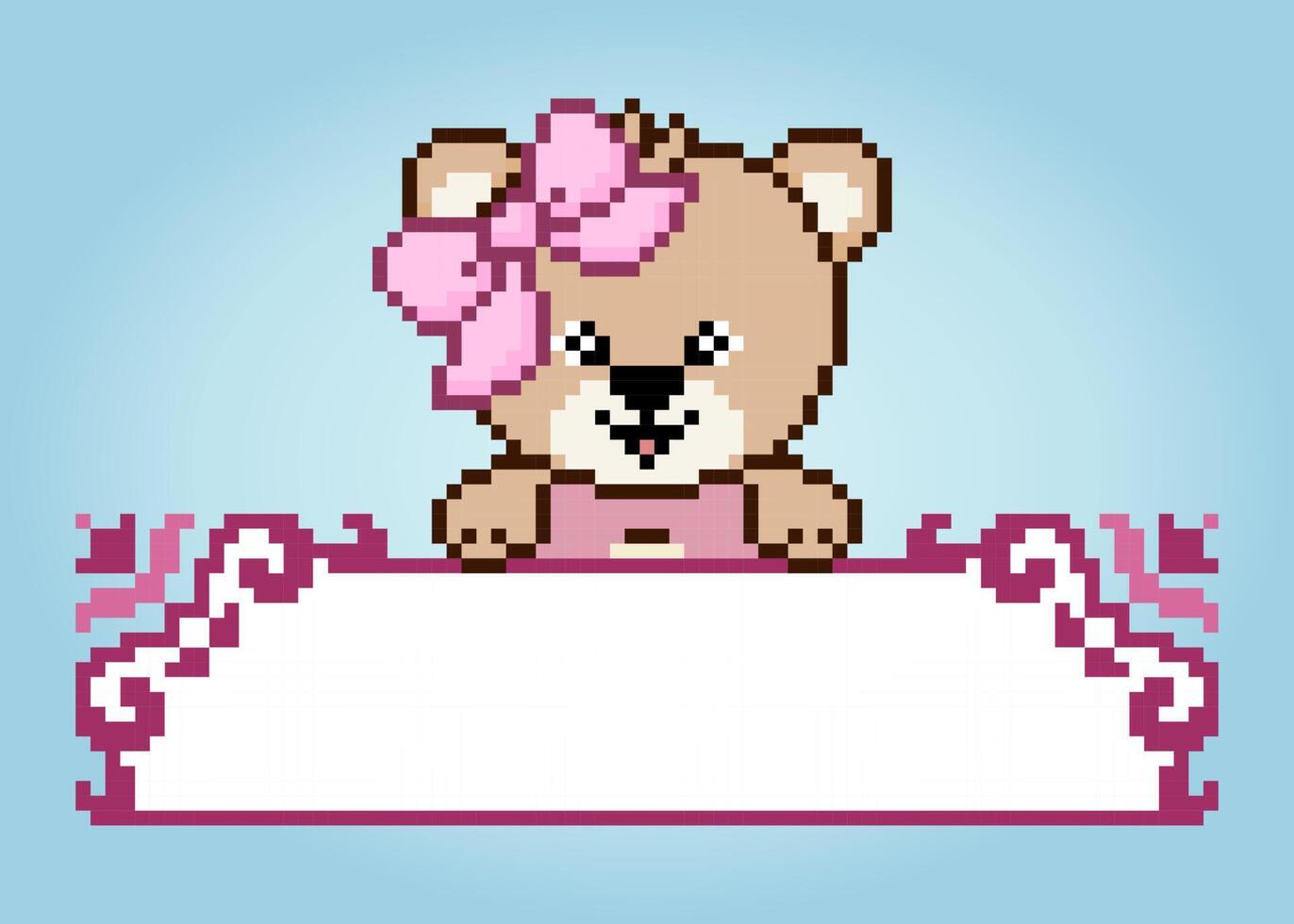 Pixel 8 bit brown bear with speech bubble. Animal game assets in vector illustration.