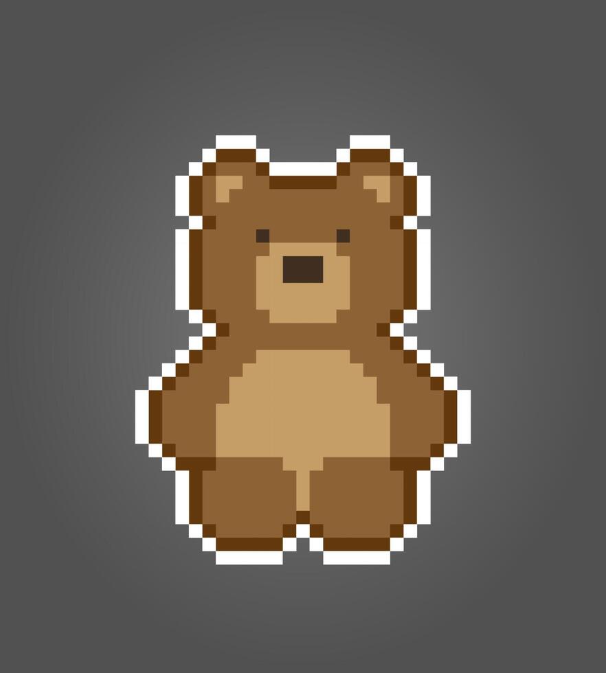 Pixel 8 bit brown bear sitting. Animal game assets in vector illustration.