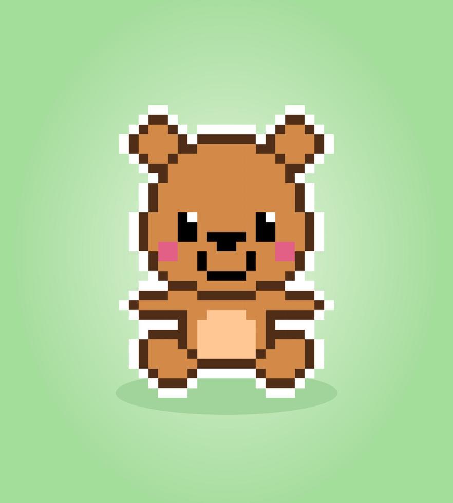 Pixel 8 bit brown bear sitting. Animal game assets in vector illustration.
