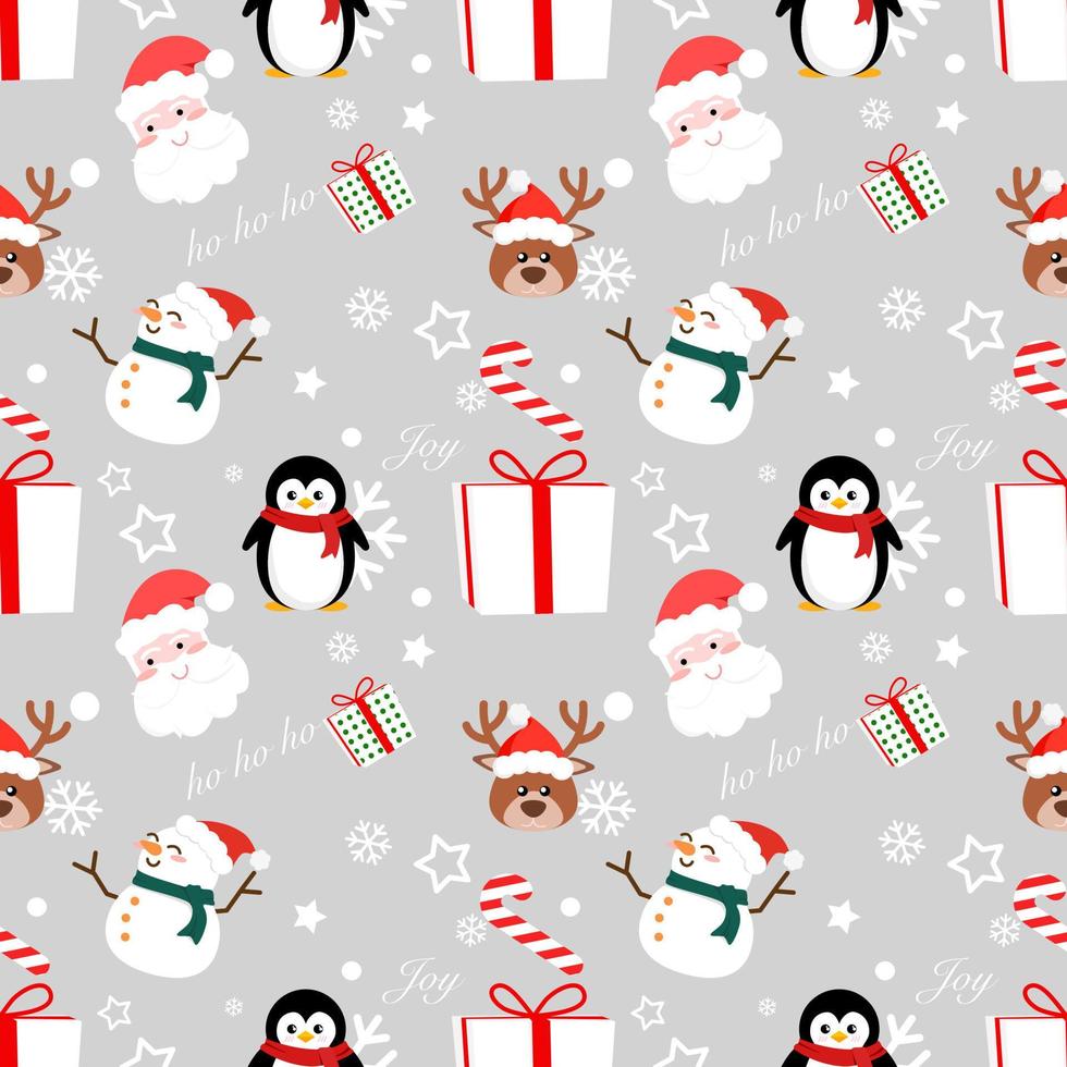 Christmas and New Year Gift Wrapping Paper Ideas  Seamless vector background of snowman,snowflakes,santa claus, reindeer.and gift box on silver color background.