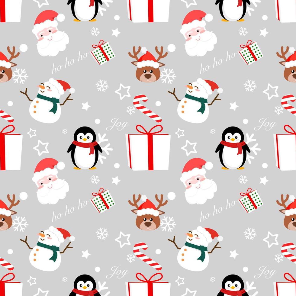 ideas de papel de regalo de navidad y año nuevo fondo de vector transparente de muñeco de nieve, copos de nieve, santa claus, renos y caja de regalo sobre fondo de color plateado.