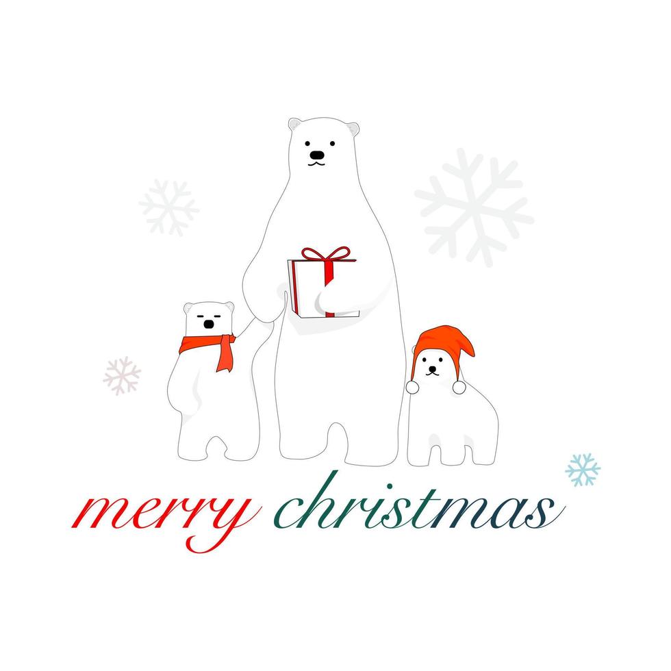 polar bear family  The mother bear stood holding a gift box and held the hand of a polar bear who was wearing a red and wearing a red knit hat.Vector illustration,greeting cards for Christmas ideas. vector