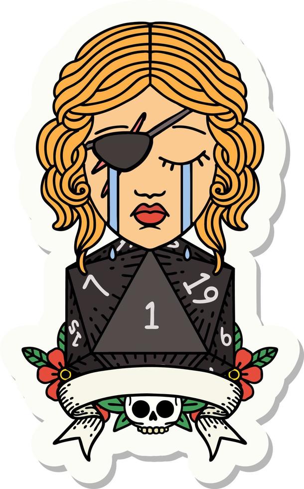sticker of a crying human rogue with natural one roll vector