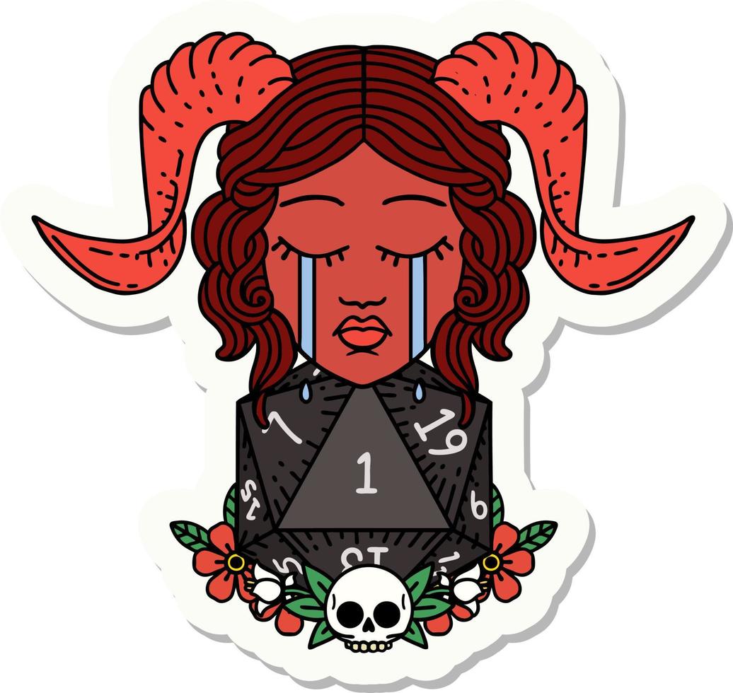 sticker of a crying tiefling character with natural one D20 dice roll vector