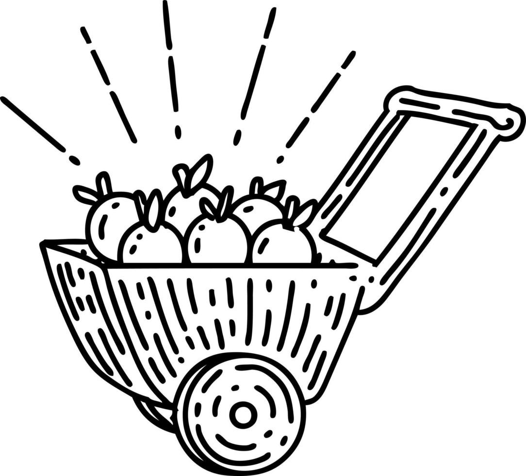 illustration of a traditional black line work tattoo style wagon of apples vector