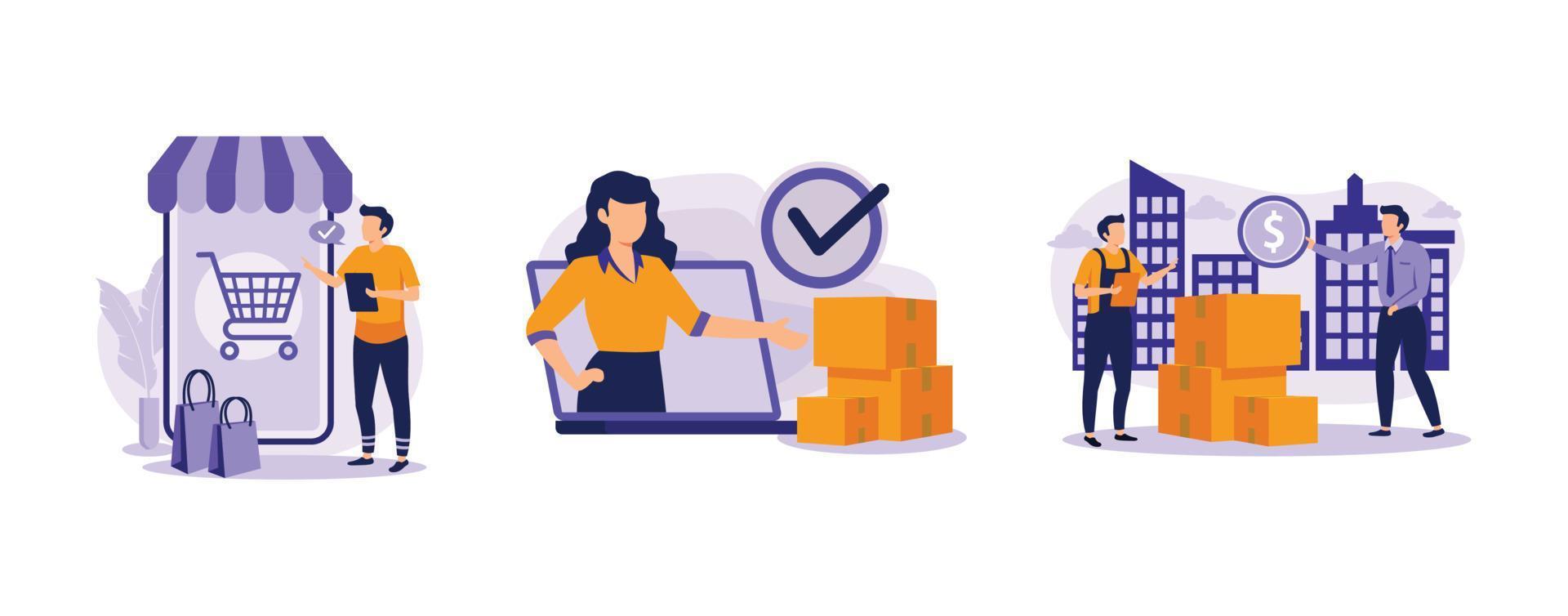 Purchase process. Order processed, complete, cash on delivery, online store, e-commerce website, shipping details. set flat vector modern illustration