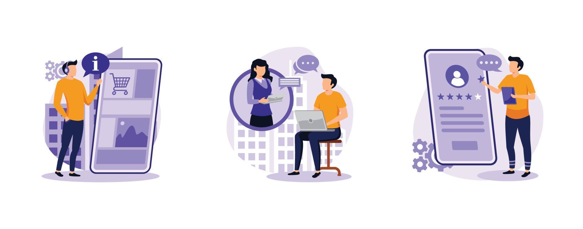 Customer help. Digital guide, useful tips and testimonials, interactive tour, user manual, video tutorial, client feedback. set flat vector modern illustration