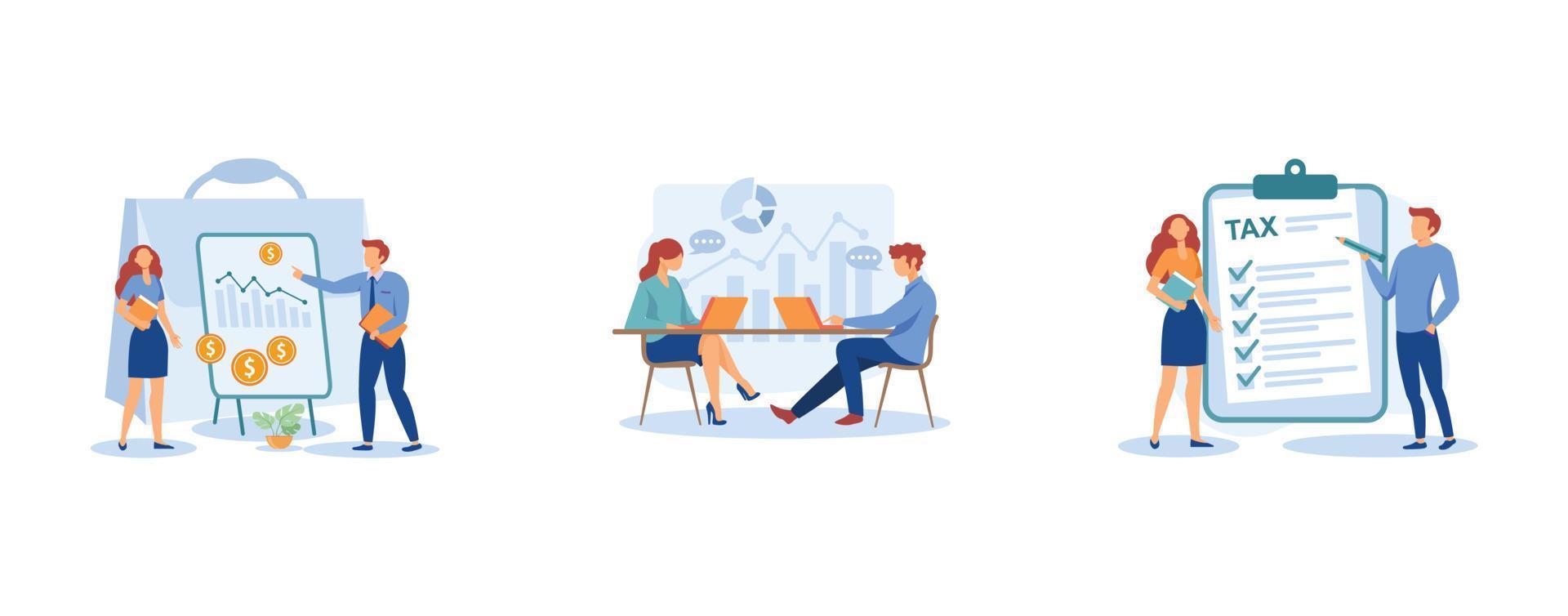 Financial information.  Accounting, consulting, tax form, tax filing, audit service, online application software. set flat vector modern illustration