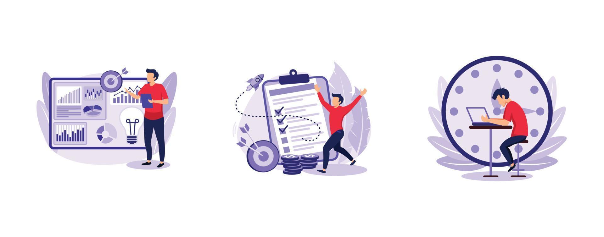 Project lifecycle. Project initiation and closure, deadline, documentation, business analysis, stakeholder approval, work time. set flat vector modern illustration