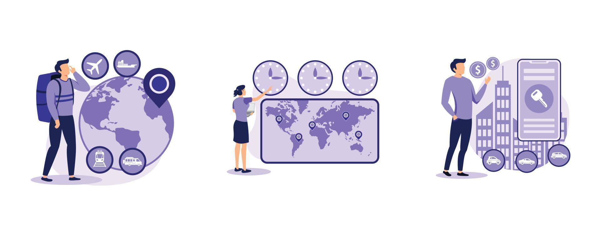 International tourism. Global travelling, time zones, rental car service, travel agency, vacation resort chain, jet lag. set flat vector modern illustration