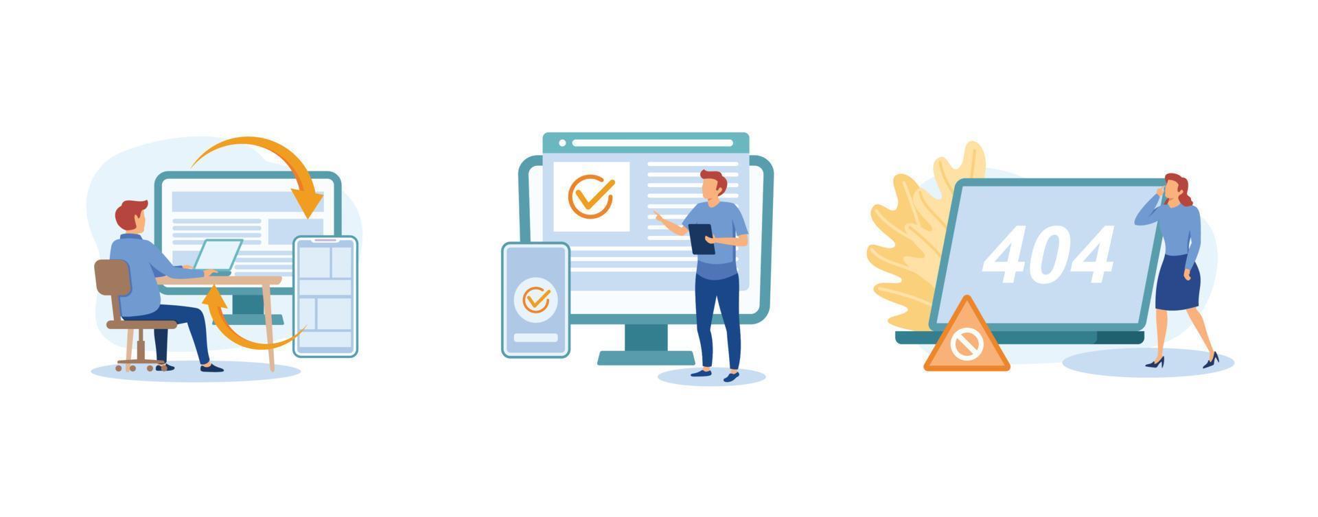 Web development. Microsite interface, cross-browser compatibility, 404 error, programming, company page, page not found. set flat vector modern illustration